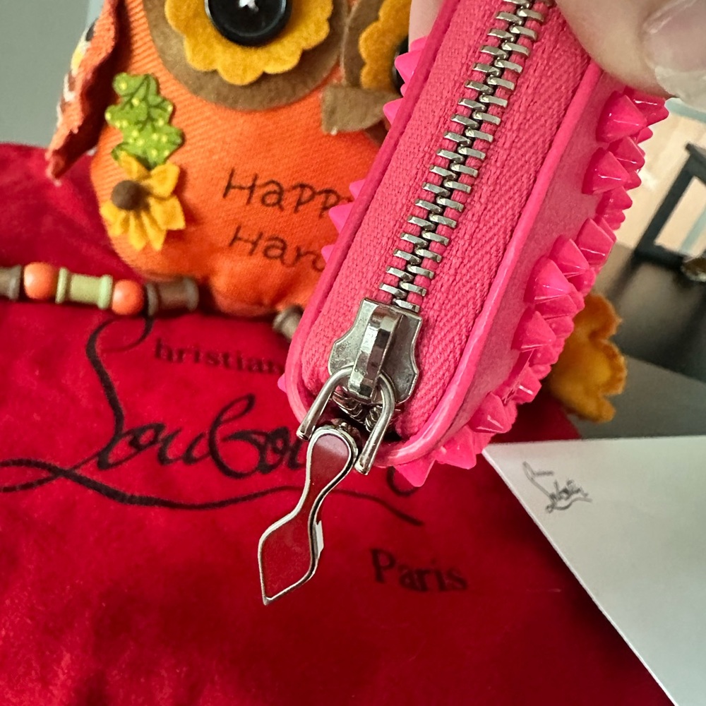 Christian Louboutin RARE COLOR Neon Pink Studded Wallet zip Card Holder - Picture 7 of 13